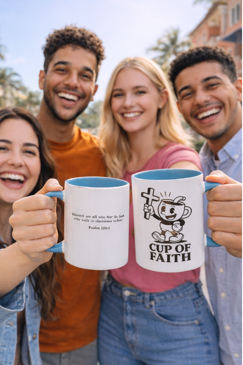 Four Christian friends holding mugs with a visible brand logo, standing outdoors on a sunny day.
